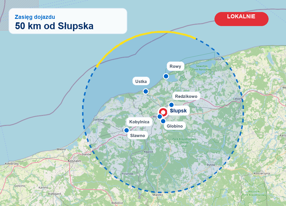 Mapa obszaru obsługi w promieniu około 50 km od Słupska: Głobino, Ustka, Rowy, Sławno i okolice